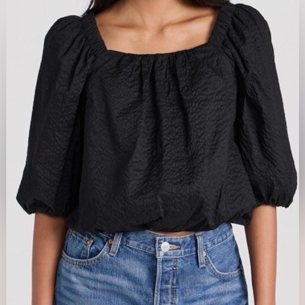 AYR The Midsummer Top‎ Cotton Blouse Black Crop Puff Sleeve Textured Medium